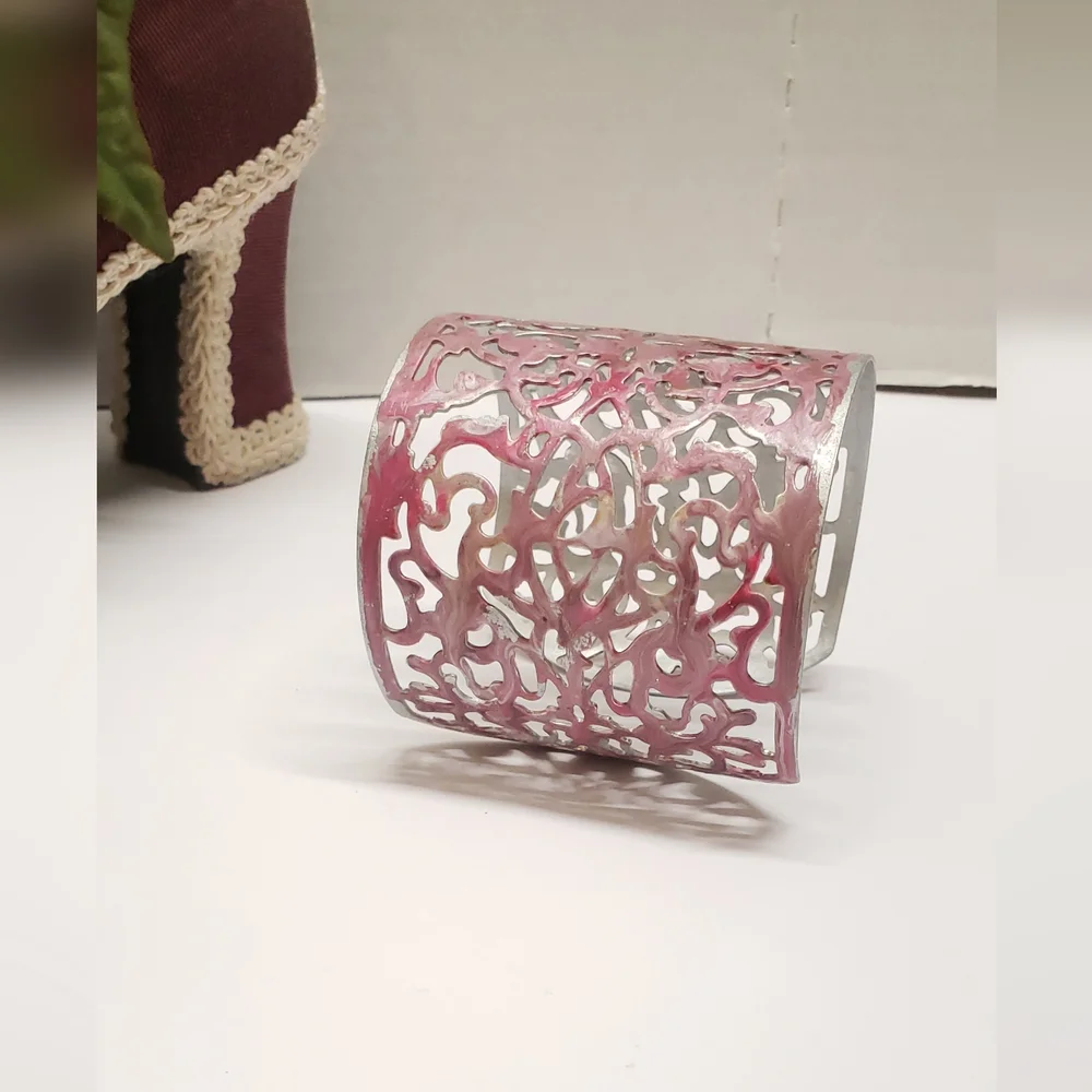 Hand Painted Abstract Pink & Silver Cuff Bracelet Filigree Statement Bracelet